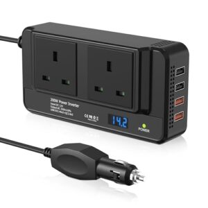 200W Car Voltage Converter Inverter DC 12V to AC 230V with 2 Sockets and 4 USB Ports Fast Charging Car Charger with Cigarette Lighter Plug for Business Trips and Vacatio