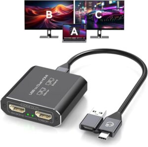 JCYMELE HDMI Splitter Extended Display for Dual Monitor USB A & C to 2 HDMI Adapter 1 in 2 Out for Laptop Mac Triple Set Support MST & SST Modes; 4K@30Hz HDMI Out 1