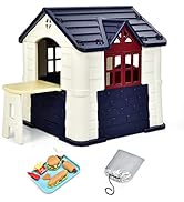 GYMAX Kids Play Tent, Wooden Children Large Playhouse Tent with Cute Window & Flags, Portable Tri...