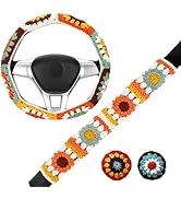 14-15'' Cute Crochet Steering Wheel Cover Set, Handmade White Sunflower Seat Belt Cover, Boho Car...