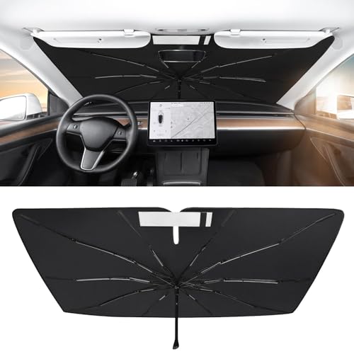 BASENOR 2024 Newest Telsa Model 3 Model Y Windshield SunShade [Nano Ice Crystal Particle] Umbrella Front Window Sun ShadeCoating 100% Heat Protection Retractable Sunshades Telsa Accessories
