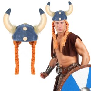 FNA FASHIONS Viking Helmet Hat with Braided Ginger Plaits and Horns – Unisex Adult Soft Fabric Fancy Dress Costume Accessory-Perfect for Halloween