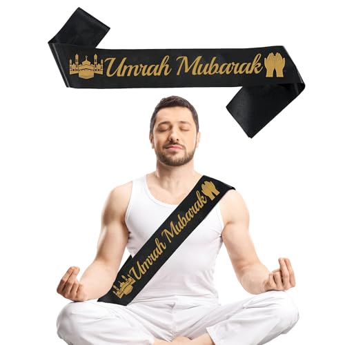 SEWIRUY Umrah Mubarak Decoration Ramadan Decorations - 1 Pcs Black Gold Umrah Mubarak Sash For Muslim Ramadan Eid Umrah Mubarak Decorations Party Supplies