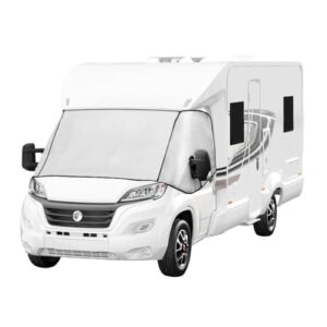 Motorhome Windscreen Cover External Thermal Screen Wrap All Year Use Campervan Front Window Sun Blind Cover Zip Turn Down Silver Waterproof Aluminium Film & Sponge Removable Storage Pockets Carry Bag