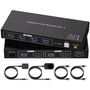 VPFET USB 3.0 HDMI KVM Switch 2 PC 1 Monitor 4K60Hz KVM Switches for 2 Computers Share 1 Monitor and 4 USB 3.0 Includes Desktop Controller DC12V Power Adapter and 2 USB3.0 cables
