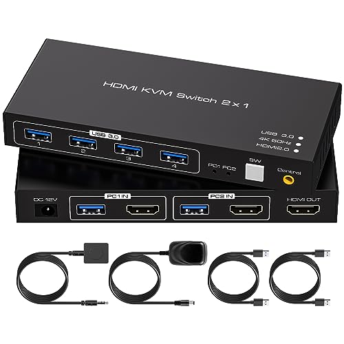VPFET USB 3.0 HDMI KVM Switch 2 PC 1 Monitor 4K60Hz KVM Switches for 2 Computers Share 1 Monitor and 4 USB 3.0 Includes Desktop Controller DC12V Power Adapter and 2 USB3.0 cables