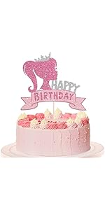 1 Pack Princess Girl Happy Birthday Cake Topper Glitter Pink Girl Happy Birthday Cake Pick for Ba...