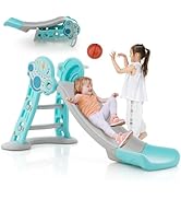 GYMAX Kids Slide, 4 in 1 Toddlers Freestanding Slides with Basketball Hoop, Safe Buffer Zone and ...