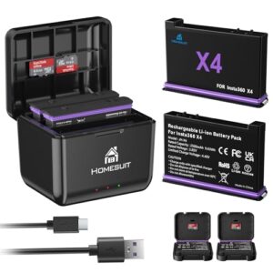 Homesuit Insta360 X4 Replacement Battery 2500mAh and Triple Micro USB Charger Compatible with Insta360 ONE X4 Action Camera Accessories with Misro SD Card Slots (2-Pack)