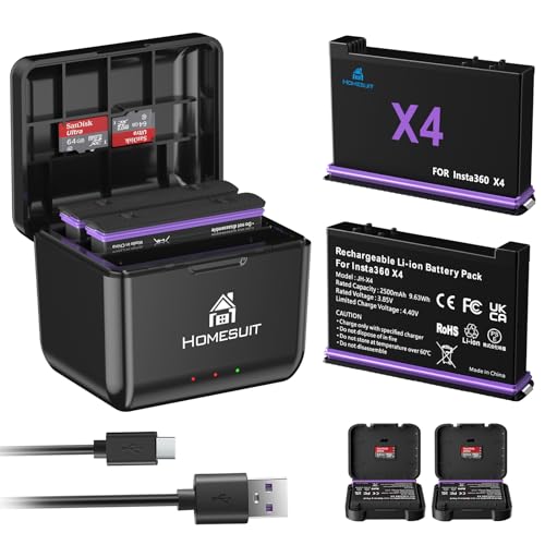 Homesuit Insta 360 X4 Replacement Battery 2500mAh and Triple Micro USB Charger Compatible with Insta360 X4 Action Camera Accessories with Misro SD Card Slots (2-Pack)