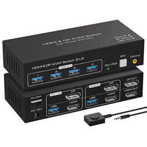 VPFET 4K120Hz Displayport HDMI KVM Switch 2 Monitors 2 Computers 8K60Hz Dual Monitor Switcher for 2 pc 2 Monitors with 4 Ports USB 3.0 Support Copy and Extended Display and Desktop Control