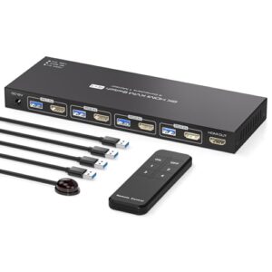 PVBCTCSID 8K HDMI KVM Switch 4 Computers 1 monitor 4K@144Hz EDID USB KVM Kwitch for 4 Computers Sharing 1 Monitor and 4 USB3.0 Devices with Remote Control