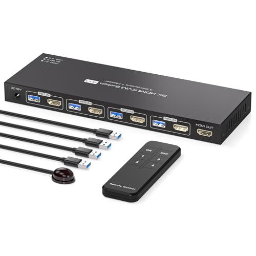 PVBCTCSID 8K HDMI KVM Switch 4 Computers 1 monitor 4K@144Hz EDID USB KVM Kwitch for 4 Computers Sharing 1 Monitor and 4 USB3.0 Devices with Remote Control