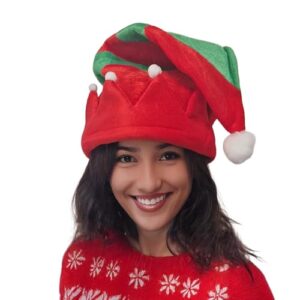 Komonee Luxury Christmas Elf Hat Red and Green Deluxe Xmas Novelty Party Decoration For Festive Holidays Fancy Dress Up Unisex Costume Accessory New Years Fun For Adults and Childre