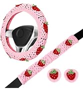 Crochet Steering Wheel Cover Set, Cute Car Steering Wheel Cover Boho 14-15 in, Handmade Strawberr...