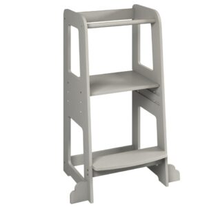 URBNLIVING 90cm Tall Grey Wooden Kitchen Step Kids Toddler Baby Learning Tower for Counter Bathroom Sink Anti-Slip Stool Protection Helper with Safety Protective Rail Durable & Lightweigh