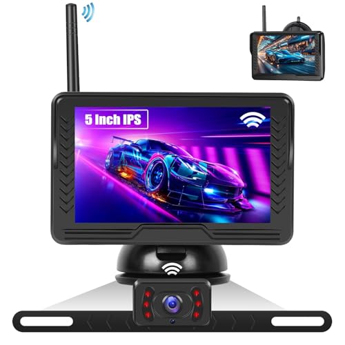 CAMECHO Wireless Reversing Camera Kit HD Reverse Camera 5" IPS Monitor 6-LED Light IP69 Waterproof License Plate Parking Camera for Car Van Caravan RV SUV Pickup Truck Motorhome Rear View Camera