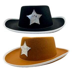 FNA FASHIONS Kids Cowboy Western Hat with Silver Sheriff Star Badge – Assorted Colors (Black or Brown) – Western Wild West Fancy Dress Accessory for Kids - 1 Unit Supplied