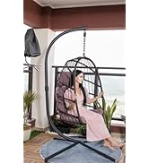 Mojia Patio Wicker Hanging Egg Swing Chair with Stand, Hammock Egg Chairs Foldable UV Resistant C...