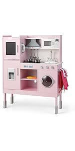 COSTWAY Wooden Kids Play Kitchen, Height Adjustable Pretend Cooking Playset with Light, Sound, To...