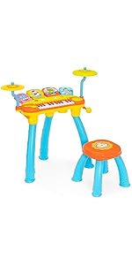 COSTWAY 24-Key Kids Electronic Piano, Toddler Keyboard and Drum Set with Stool, Microphone, LED L...