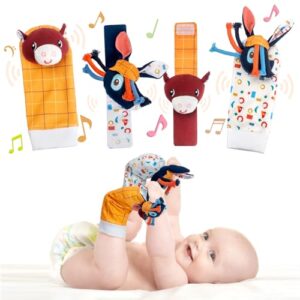 Accevo Wrist Rattle Foot Finder Socks Set for Baby Arm Hand Bracelet Rattle Feet Leg Ankle Socks Newborn Soft Sensory Toy Baby Gifts 0-12 Months Toddler Girl Boy
