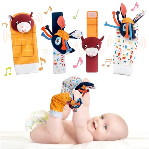 Accevo Wrist Rattle Foot Finder Socks Set for Baby Arm Hand Bracelet Rattle Feet Leg Ankle Socks Newborn Soft Sensory Toy Baby Gifts 0-12 Months Toddler Girl Boy