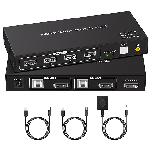 4K HDMI KVM Switch 2 PC 1 Monitor 4K 60Hz USB 2.0 for 2 Computer 1 Monitor Share Keyboard Mouse Printer Support Desktop Controller Including 2 USB 2.0 Cable