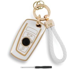 TPU Car Key Cover For BMW F 1 3 5 7 Series F20 F21 F22 F23 F24 F45 F46 F34 F35 F30 F31 F32 F33 F36 X5 F15 X6 F16 520 525 530 535 3 Button Car Key (White) with Diamond lanyard and Screwdrive