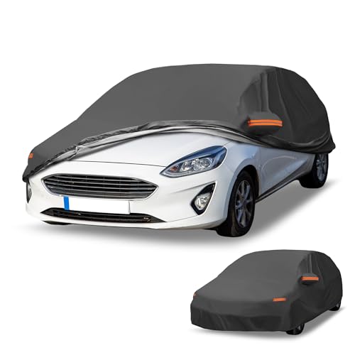 Partuto Car Cover Waterproof All Weather Automotive Outdoor Anti-UV Sun Rain Protection Full Exterior Cover for Ford Fiesta Hatchback 2008-2022 Black W/Zippe