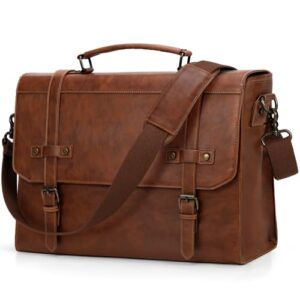 RAINSMORE Messenger Bag Leather Laptop Bag 17.3 Inch Vintage Briefcase for Men Waterproof Satchel Shoulder Bag for Work Office Business College Brow