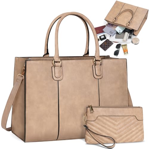 NEWHEY Laptop Bag for Women 15.6 Inch Large Work Tote Bag with Clutch Bag Designer PU Leather Briefcase Ladies Handbag with Laptop Pocket Messenger Shoulder Bag for School Office Travel Business