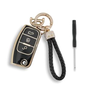 TPU 3 Buttons Remote Car Key Fob Case Cover (Black) for Ford Focus Mondeo Fiesta Galaxy C Max S Max Car Key Cover with Screwdriver and Diamond lanyard