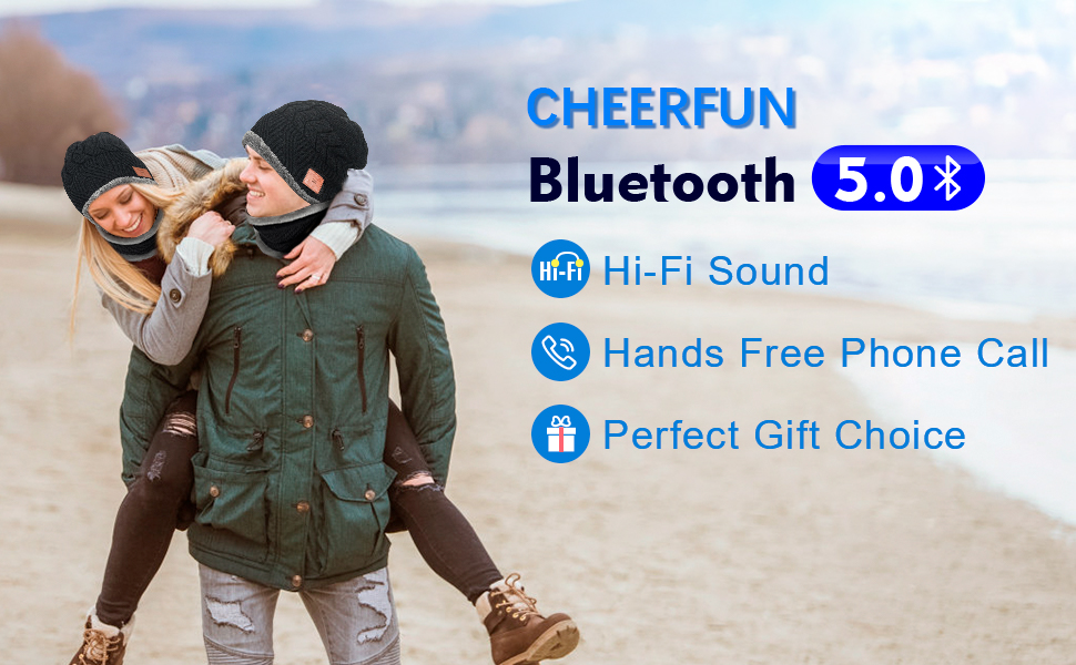 CHEERFUN Mens Gifts Bluetooth Beanie Hat, Secret Santa Gifts Bluetooth Beanie with Neck Warmer Scarf