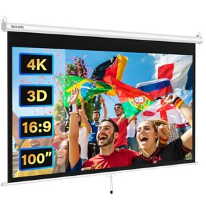 WASJOYE Manual Pull-Down Projector Screen - 100-inch Roll-Down Retractable Manual Projection Screen w/Auto-Locking