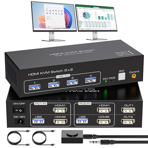 VPFET HDMI KVM Switch 2 Monitors 2 Computers 4K60Hz KVM Switches Dual Monitor 2 Port KVM with 4 USB 3.0 Support Copy and Extend Mode Including Desktop Control 12V DC Adapte