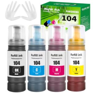 FANSHENG 104 Ink Compatible with Epson 104 ink refill bottles for EcoTank ET-2861 ET-2860 ET-1810 ET-4800 ET-2810 ET-2811 ET-2812 ET-2814 ET-2815 ET-2830 ET-2711 ET-4700 ET-2726 (4 Pack BK/C/M/Y)