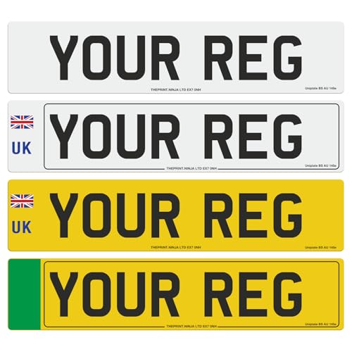Car Registration plates - 100% MOT Compliant – Car/Van/Trailer - Customised Road Legal Personalised Registration – available with plain or 4D characters; UK Flag (EU compliant) / EV/fixing ki