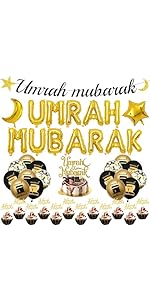 Umrah Mubarak Decorations Set Gold - 33 Pcs Umrah Mubarak Letter Balloons Banner Star Printed Con...