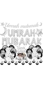 Umrah Mubarak Decoration Set Silver - 33 Pcs Umrah Mubarak Letter Balloon Banner Confetti Latex B...