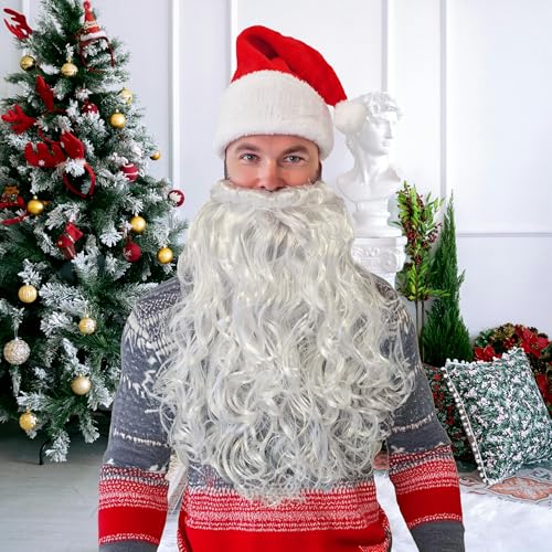 Komonee Deluxe Santa Hat And White Beard Thick Trim Headwear Father Christmas Claus Xmas Premium Festive Costume Fancy Dress Party Accessories