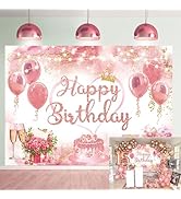 Floral Happy Birthday Backdrop for Women 7x5FT Burgundy Flowers Rose Gold Glitter Bokeh Photograp...