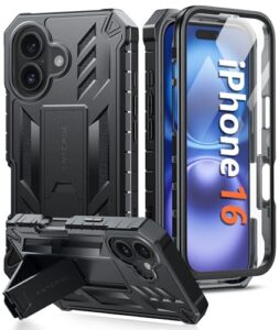 FNTCASE for iPhone 16 Phone Case: for iPhone 16 case with Kickstand Shockproof Military Grade Protective Cover - Dual Layer 360 Full Protection Sturdy Matte Textured Drop Proof - 6.1 Inch Black