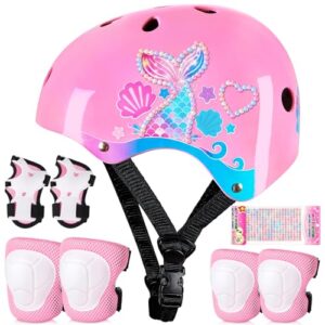 Kids Helmet and Pads Set Age 3-8 Years Toddler Helmet with DIY Stickers Adjustable Helmet Knee and Elbow Pads Set for Skateboard Scooter Cycling Roller Skating