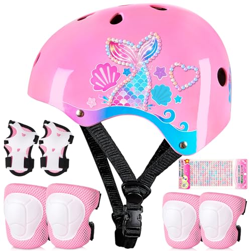 Kids Helmet and Pads Set Age 3-8 Years Toddler Helmet with DIY Stickers Adjustable Helmet Knee and Elbow Pads Set for Skateboard Scooter Cycling Roller Skating