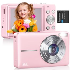 CAMKORY Digital Camera 1080P 44MP FHD Compact Digital Camera 16X Digital Zoom Anti-shake Vlogging Camera Simple Digital Camera Students Seniors Beginner Pink