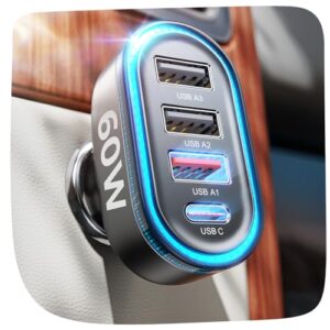 LISEN USB Car Charger Adapter 60W 4 Ports Car Fast Charger PD 36W&QC3.0 Car USB Charger Multi Port Cigarette Lighter USB Charger for iPhone 16 15 Pro Max Plus Samsung Galaxy S24 Ultra/S23 iPad
