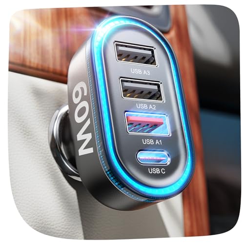 LISEN USB Car Charger Adapter 60W 4 Ports Car Fast Charger PD 36W&QC3.0 Car USB Charger Multi Port Cigarette Lighter USB Charger for iPhone 16 15 Pro Max Plus Samsung Galaxy S24 Ultra/S23 iPad