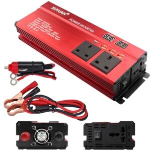 Power Inverter 2000W DC 12V/24V to 220V 240V AC Car Converter with 3 UK Sockets 3 USB and 1 Type-C Port Car Adapter With LCD Display 12V/24V Interchangeable Power Inverter for Van Travel Camping Ca