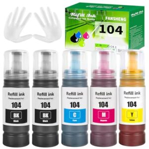 FANSHENG 104 Ink Compatible with Epson 104 ink refill bottles for EcoTank ET-2861 ET-2860 ET-1810 ET-4800 ET-2810 ET-2811 ET-2812 ET-2814 ET-2815 ET-2830 ET-2711 ET-4700 ET-2726 (5 Pack 2BK/C/M/Y)